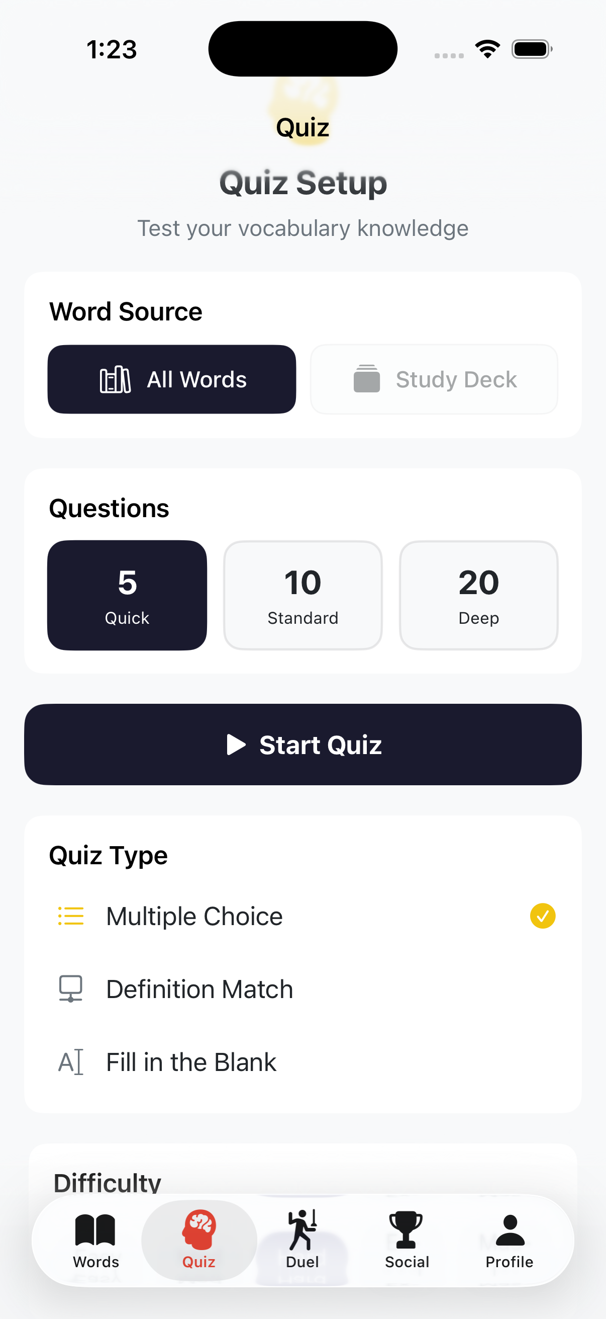 VocabDuel Quiz Mode